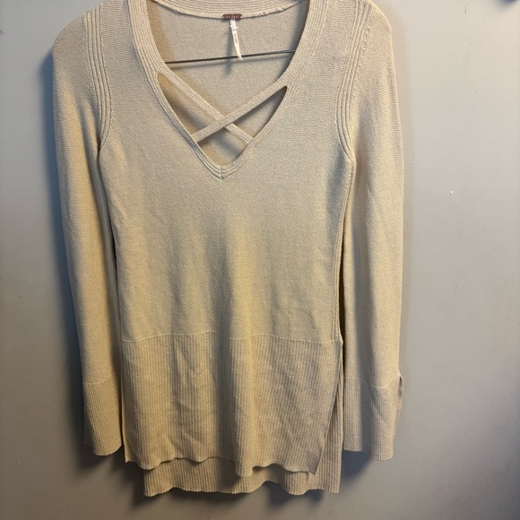 Free People Cream Long Sleeve Sweater with Crisscross Neckline - Picture 2 of 5